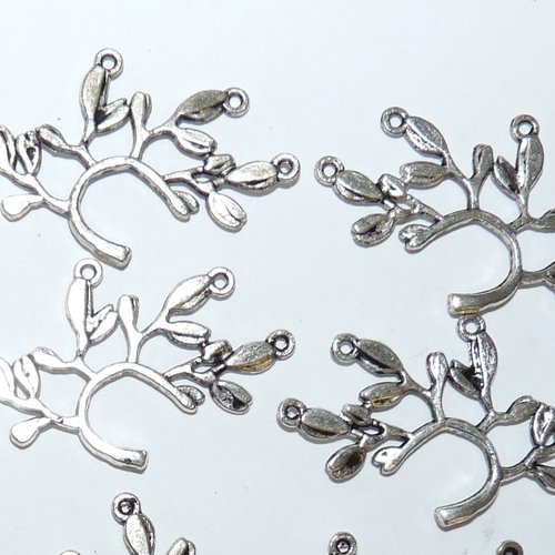 9 breloques branche pendentif feuilles argentées avec 3 anneaux pour création de bijoux