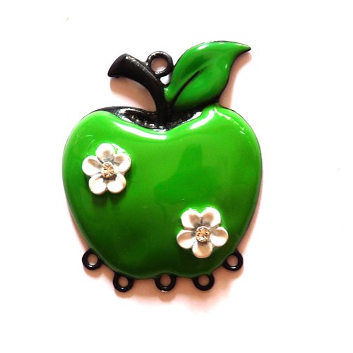 Pendentif pomme verte connecteur 5 anneaux noirs pour création de bijoux