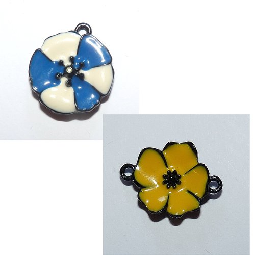 Pendentif fleur bleue et blanche connecteur fleur jaune et noire pour création de bijoux