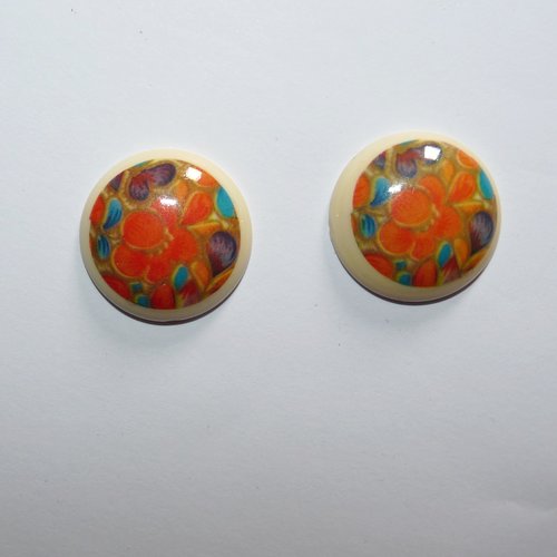 2 cabochons ronds beige imprimé fleurs oranges pour création de bijoux