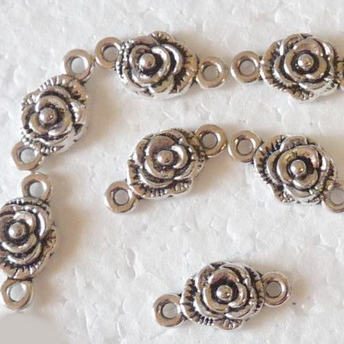 6 connecteurs roses fleurs argentées pour création de bijoux