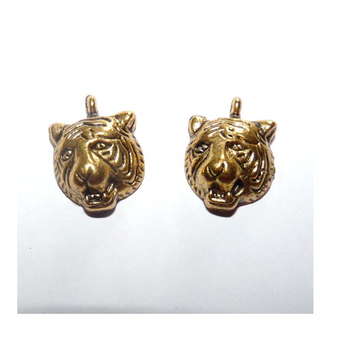 2 breloques tigre doré pendentif tête d'animal pour création de bijoux
