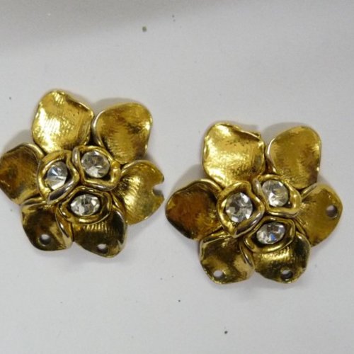 2 connecteurs cabochons dorés 2 et 3 trous pour création thème fleurs strass pour créer des bijoux