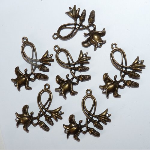 3 pendentifs branches bronze avec strass pour création de bijoux