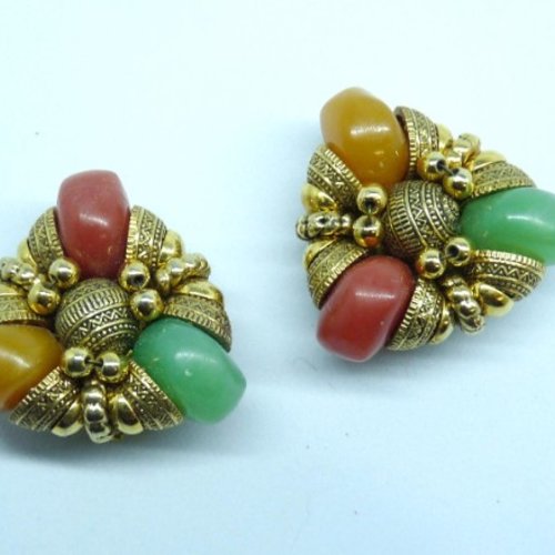 2 cabochons perles semi précieuses jade vert calcite jaune cornaline rouge pour création de bijoux dorés