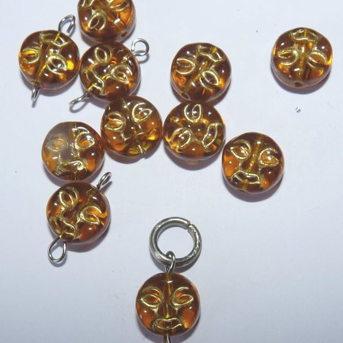 11 perles soleil en verre gravure dorée pour création de bijoux ocre jaune