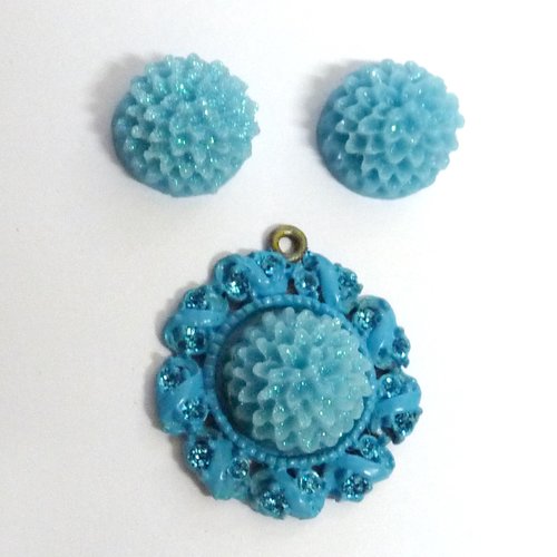 3 cabochons hortensia fleur bleu turquoise brillant pendentif  rond bombé breloque paillettes 1,4 cm pour créations de bijoux