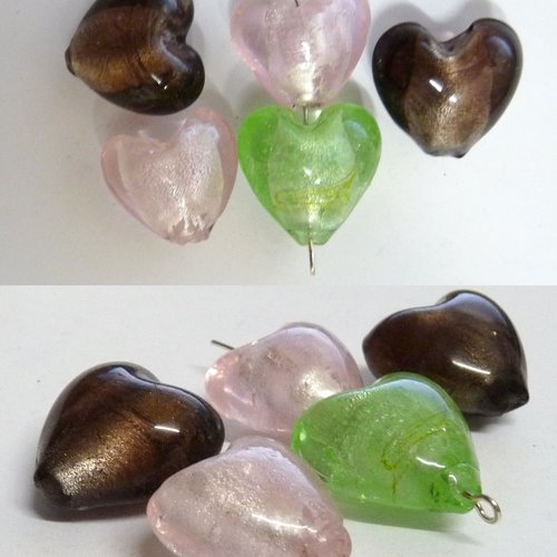 5 perles cœur en verre nacré rose violet vert création pendentif breloque saint valentin amour amitié