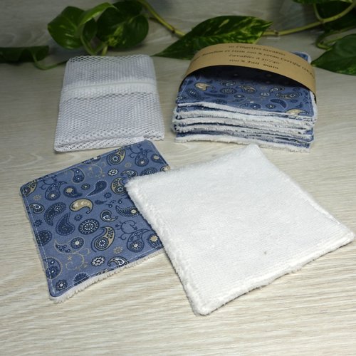 Lot de 10 lingettes lavables +  filet de lavage– fait main