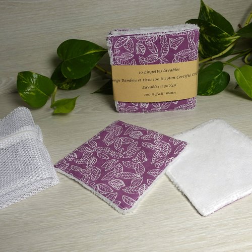 Lot de 10 lingettes lavables +  filet de lavage– fait main