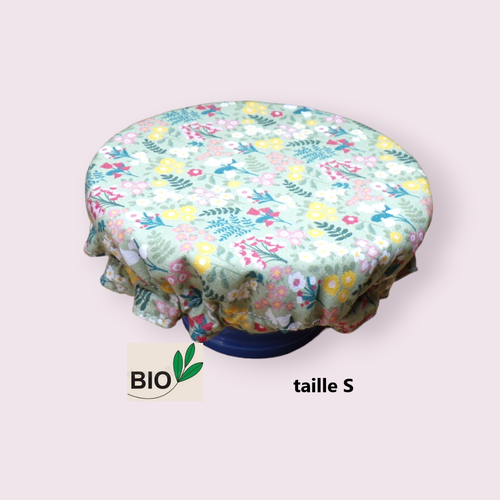 Charlotte alimentaire tissu bio doublé pul certifié contact alimentaire fleuri fond kaki