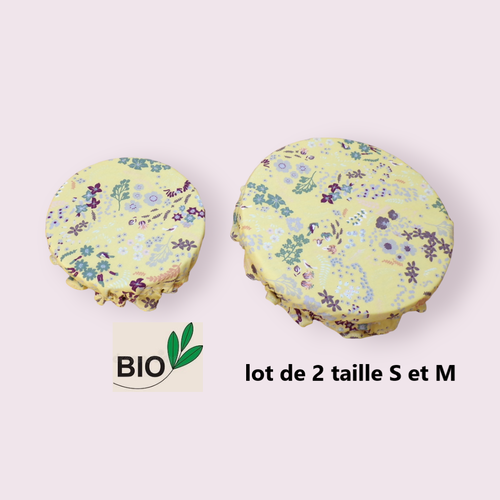 Charlotte alimentaire tissu bio doublé pul certifié contact alimentaire motif fleuri sur fond jaune