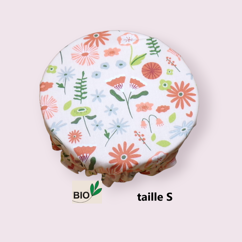 Charlotte alimentaire tissu bio doublé pul certifié contact alimentaire motif fleuri saumon sur fond blanc