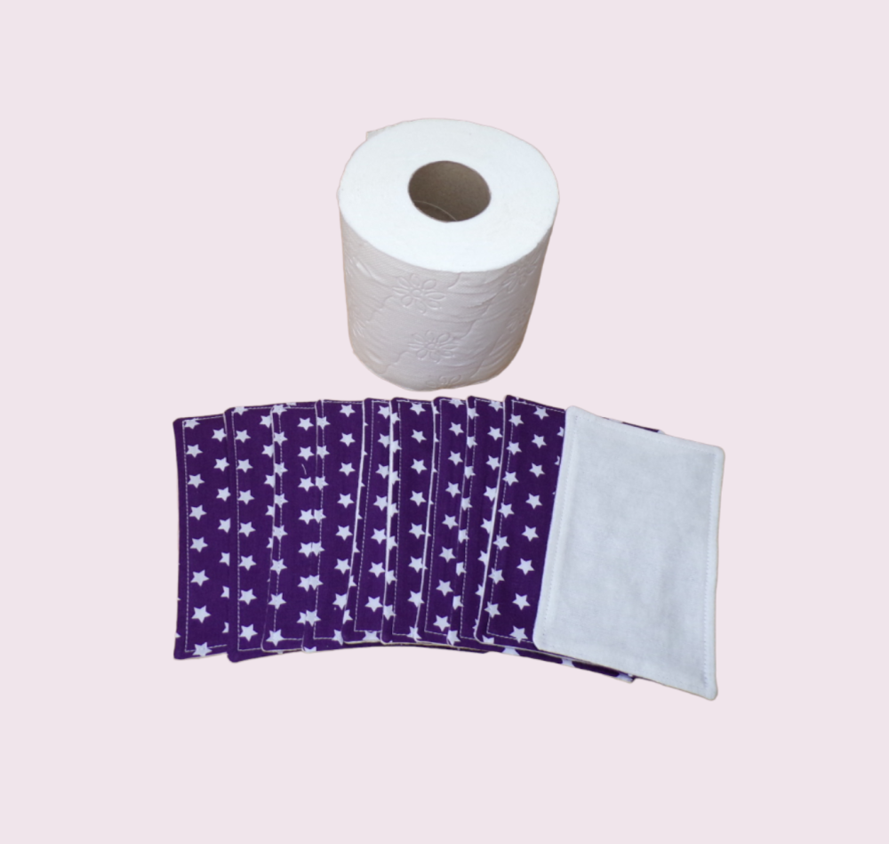 Papier toilette lavable, réutilisable en lot de 10 feuilles motif étoiles  blanches sur fond violet - Un grand marché