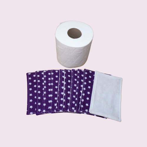 Papier toilette lavable, réutilisable en lot de 10 feuilles motif étoiles blanches sur fond violet