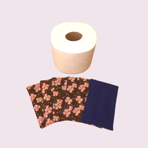 Papier toilette lavable, réutilisable en lot de 6 feuilles motif fleuri sur fond kaki