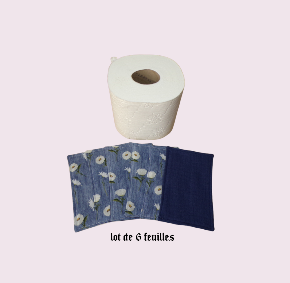 Papier toilette lavable, réutilisable en lot de 6 feuilles motif  marguerites sur fond bleu - Un grand marché