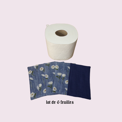 Papier toilette lavable, réutilisable en lot de 6 feuilles motif marguerites sur fond bleu