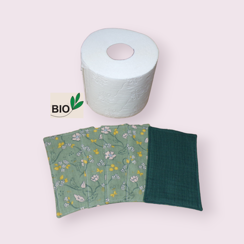 Papier toilette bio lavable, réutilisable en lot de 5 feuilles motif fleuri sur fond sauge