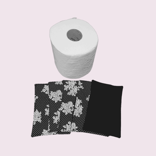Papier toilette lavable, réutilisable en lot de 5 feuilles motif fleuris sur fond marine