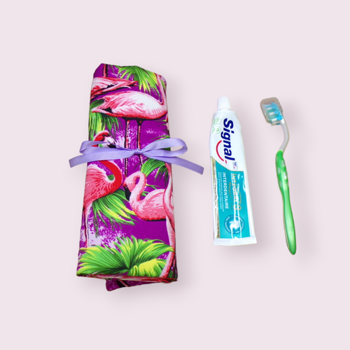 Etui pour brosse à dents manuelle ou électrique dentifrice et poche petite serviette motif flamants roses
