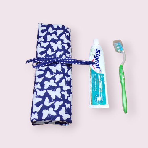 Etui pour brosse à dents manuelle ou électrique dentifrice et poche petite serviette motif papillons fond marine