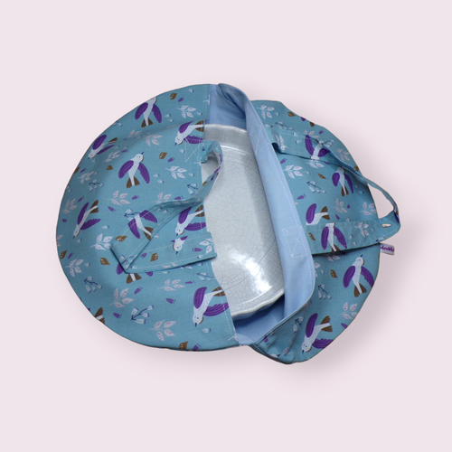 Porte-plat en tissu, sac à tarte, sac à plat rond grande capacité modèle oiseaux fond bleu