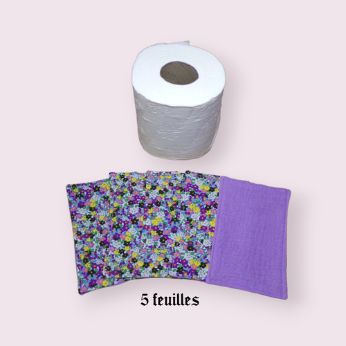 Papier toilette lavable, réutilisable en lot de 5 feuilles motif fleuris sur fond violet