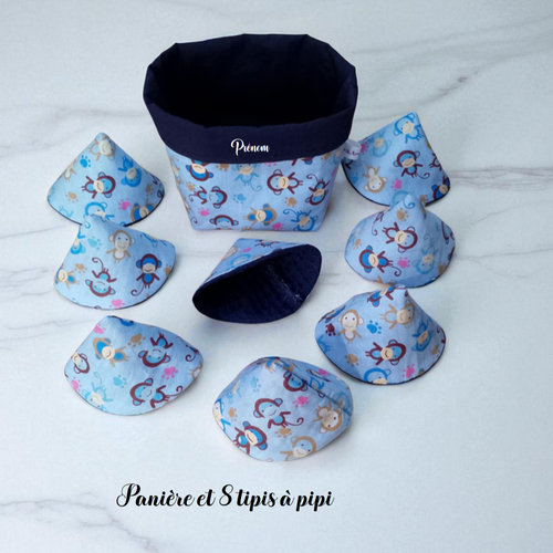 Panière et 8 cônes anti pipi, pare pipi, change bébé personnalisable, modèle petits singes