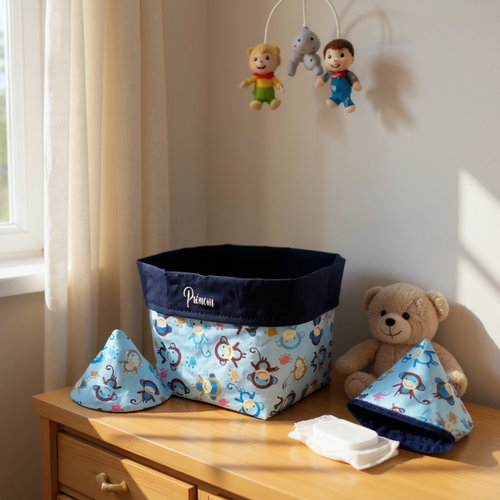 Panière et 8 cônes anti pipi, pare pipi, change bébé personnalisable, modèle petits singes