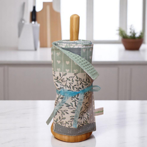 Essuie tout lavable 6 feuilles, coton doublé nid d'abeille modèle patchwork sauge