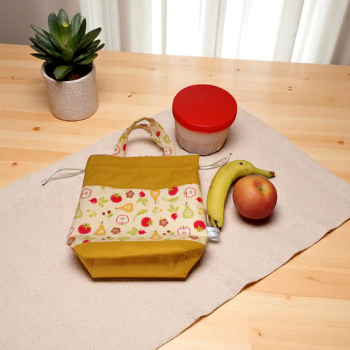 Lunch bag, sac déjeuner, sac repas lavable, modèle fruits / moutarde