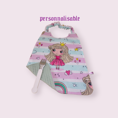 Serviette de cantine élastique enfant, bavoir maternelle, serviette personnalisable, modèle petite fille
