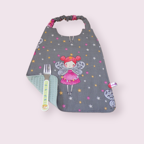 Serviette de cantine élastique enfant, bavoir maternelle, serviette personnalisable, modèle fée fond gris