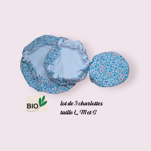 Lot de 3 charlottes alimentaires tissu bio doublé pul certifié contact alimentaire motif fleuri bleu