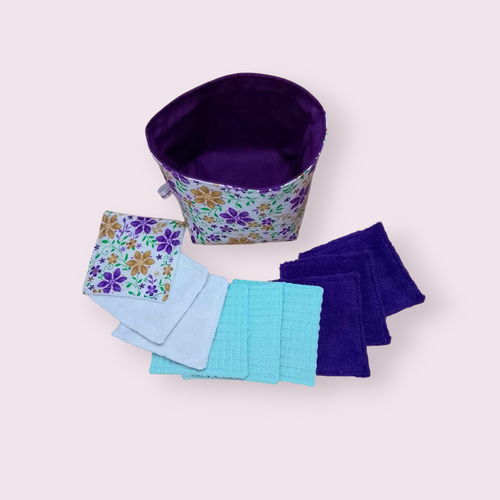 Panière et 9 lingettes lavables en coton certifié oekotex doublé de 3 épones différentes fleuri violet