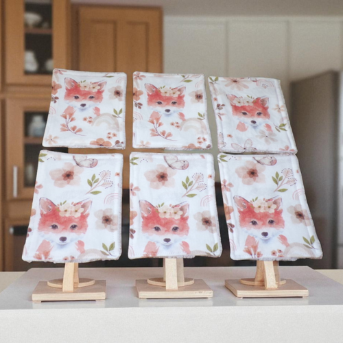 Lot de 6 débarbouillettes / grandes lingettes enfant coton et éponge bambou renards fleuris