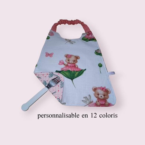 Serviette de cantine élastique enfant, bavoir maternelle, serviette personnalisable, modèle oursonne et nénuphar