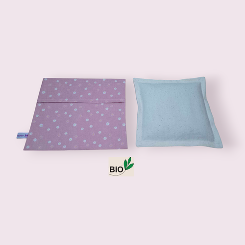 Bouillotte sèche aux graines de lin, déhoussable et lavable, modèle fleuri fond rose
