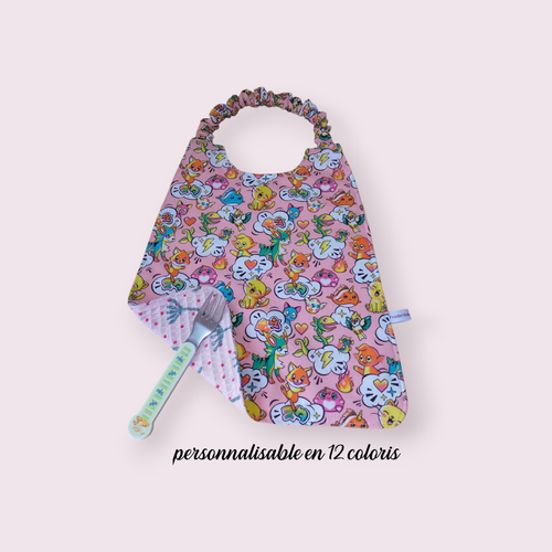 Serviette de cantine élastique enfant, bavoir maternelle, serviette personnalisable, modèle cartoon fond rose