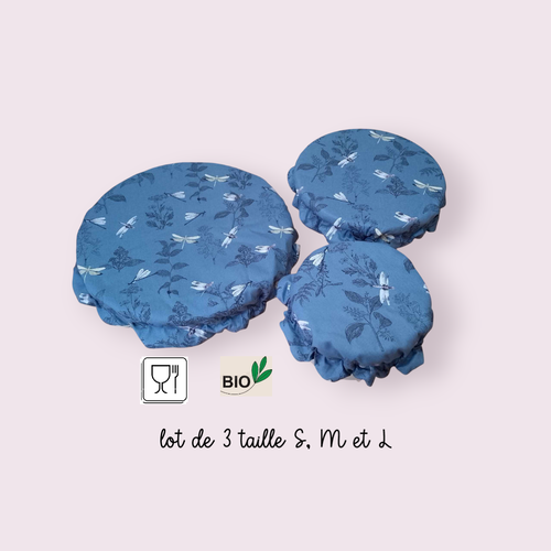 Lot de 3 charlottes alimentaires coton bio doublé pul certifié contact alimentaire modèle libéllules sur fond bleu
