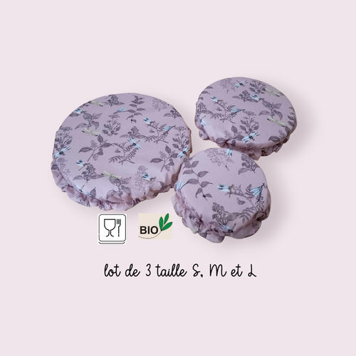 Lot de 3 charlottes alimentaires coton bio doublé pul certifié contact alimentaire modèle libéllules sur fond rose