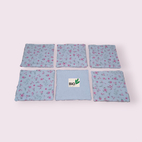Lingettes x 6 en popeline de coton bio et éponge de fibre de bambou modèle fleuri rose
