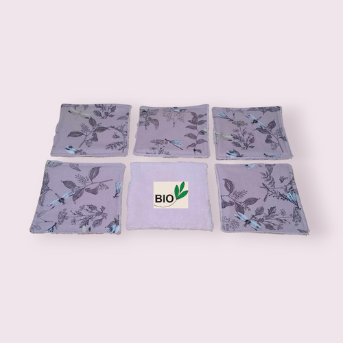Lingettes x 6 en popeline de coton bio et éponge de fibre de bambou modèle libellules fond rose