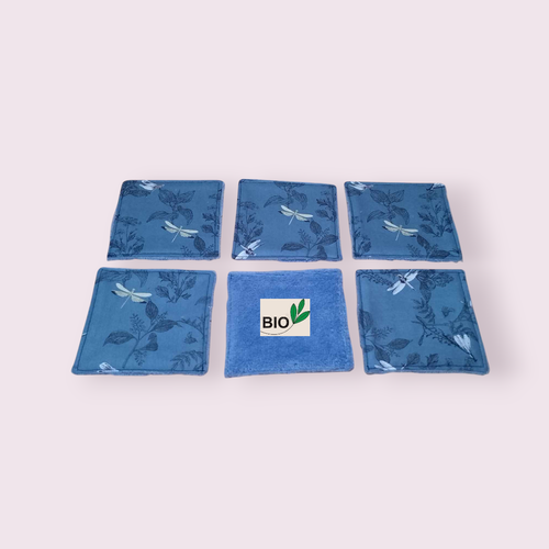 Lingettes x 6 en popeline de coton bio et éponge de fibre de bambou modèle libellules fond bleu