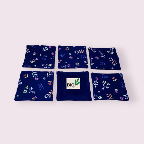 Lingettes x 6 en popeline de coton bio et éponge de fibre de bambou modèle fleuri fond marine