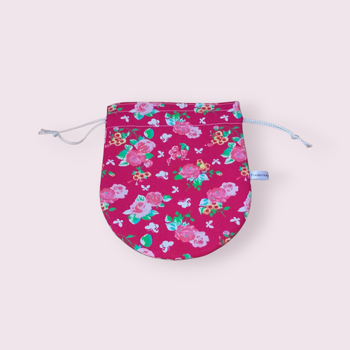 Pochette ronde à cordon, sac rond, pochon rond, modèle fleuri fond rouge