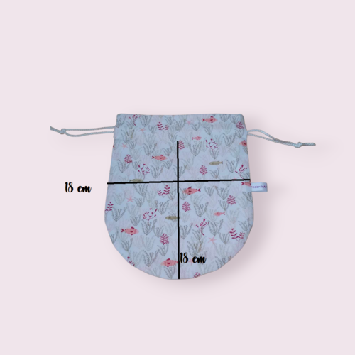 Pochette ronde à cordon, sac rond, pochon rond, modèle poissons fond blanc