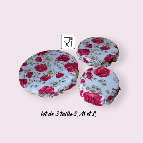 Lot de 3 charlottes alimentaires coton doublé pul certifié contact alimentaire modèle coquelicots