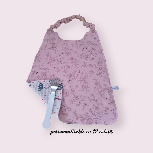 Serviette de cantine élastique enfant, bavoir maternelle, serviette personnalisable, modèle fleuri fond rose